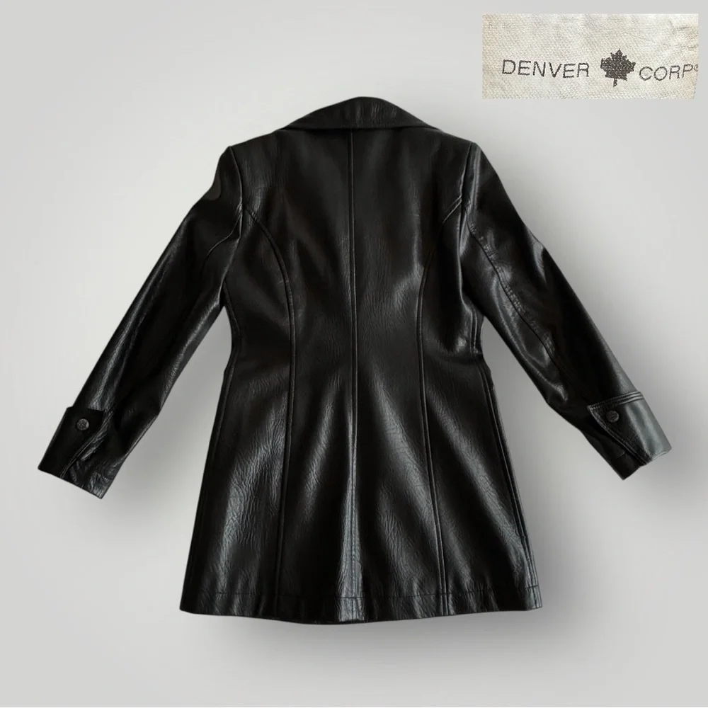 DENVER Corp. Vintage Faux Leather Double-breasted Trench Coat - Picture 3 of 10